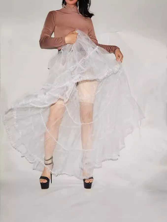 Dames Hoge Taille Gaas Patchwork Gelaagde Midi Rok Elastische Taille Tule Lange Tutu Rok Casual Vintage Ondertukken
