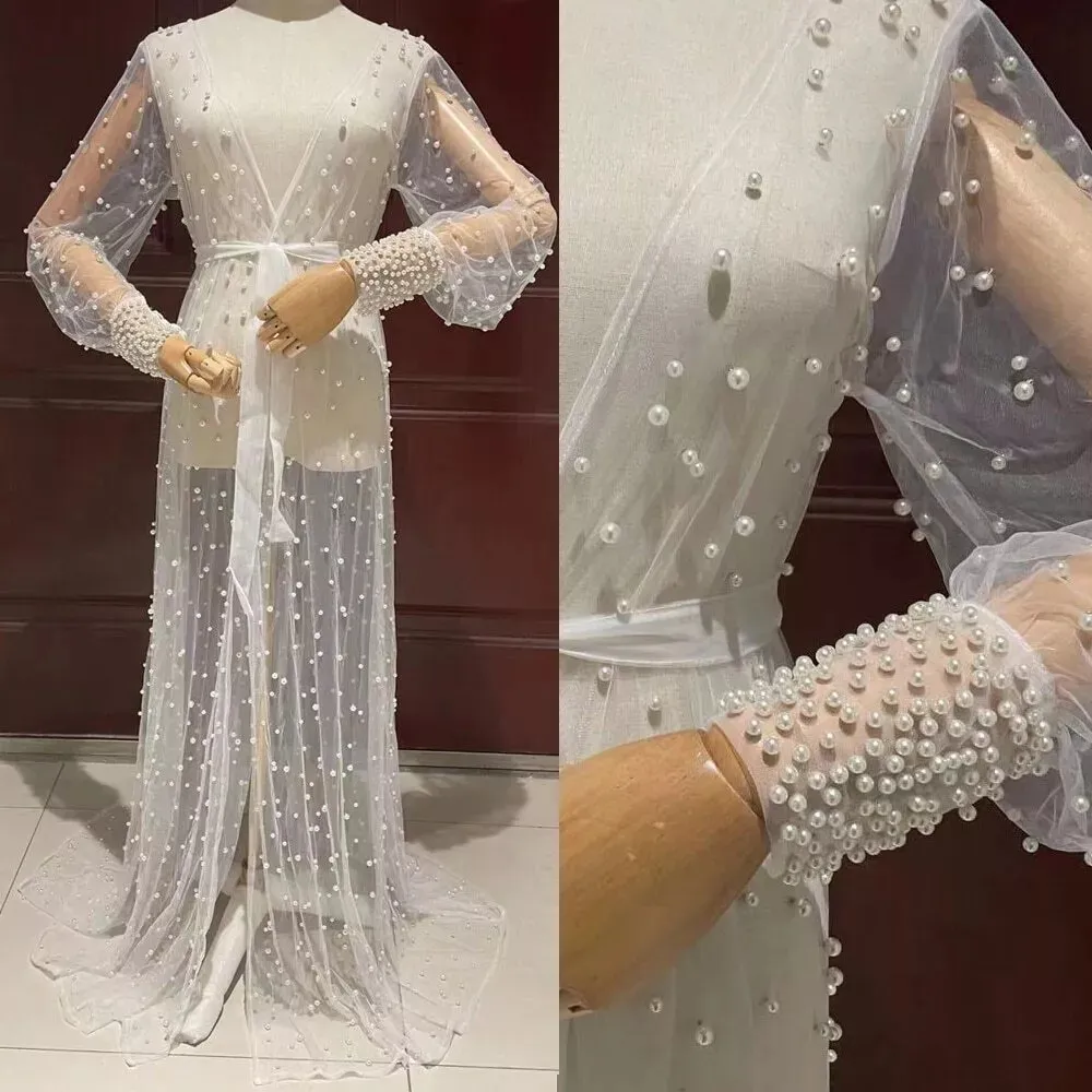 Peignoir de Mariée Élégant en Maille avec Perles Artificielles Nuisette Longue en Dentelle Transparente Robe de Soirée avec Manches en Polyester pour Femme
