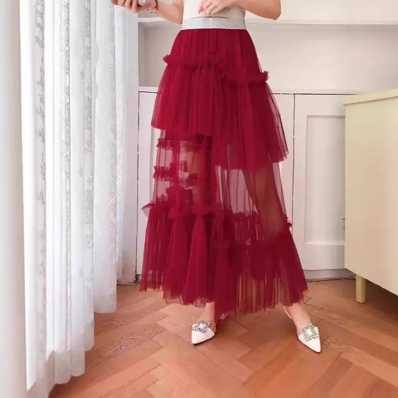 Women Irregular Mesh Patchwork Tiered Skirt Minimalist Solid Color Layered Cake Skirt Fashion Casual Bottoms For Ladies