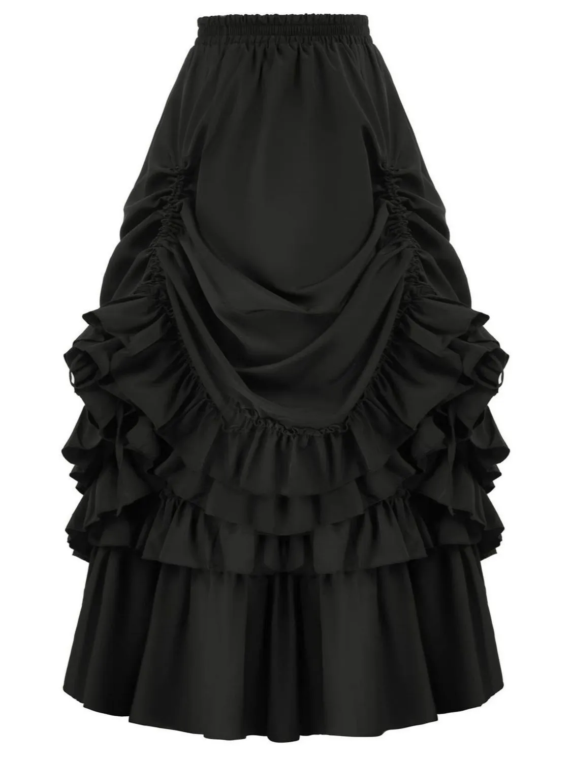 Women's Gothic Victorian Vintage Layered Ruffle Skirt Renaissance Steampunk High Waist Ruched Midi Tiered A-Line Skirt