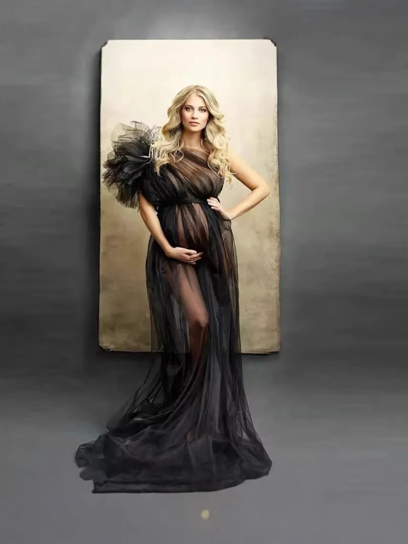Vestido de Maternidad de Malla para Fotografía Un Hombro Flor 3D Vestido de Sesión de Fotos de Boda Largo de Tul para Mujer