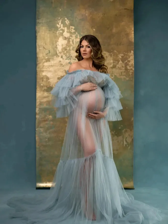 Elegant Maternity Photography Dress Off Shoulder Mesh Tulle Gown With Ruffle Sleeves Wedding Photo Shoot Maxi Long Dress For Women Pregnancy