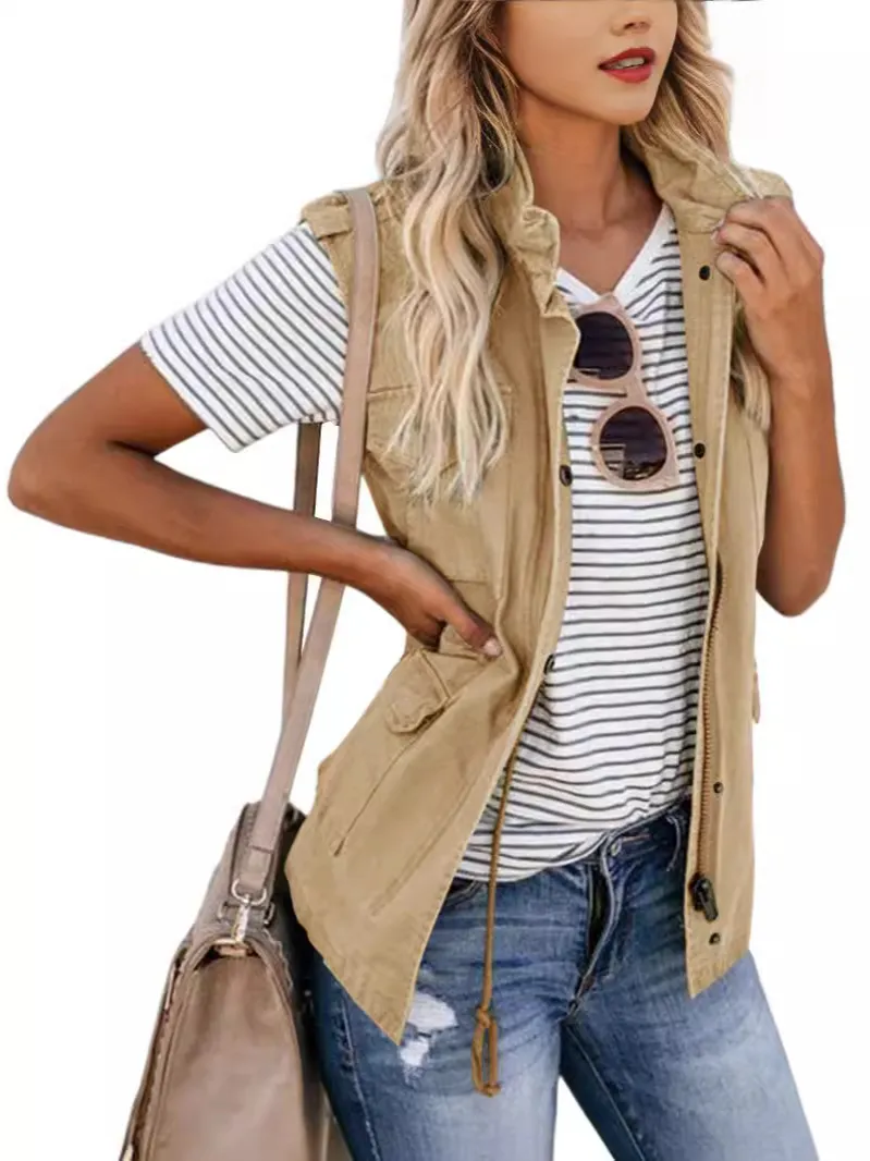 Women Fashion Solid Color Cargo Vest Trendy Lapel Sleeveless Zipper Jacket Outerwear Pocket Drawstring Polyester Waistcoat Casual Top