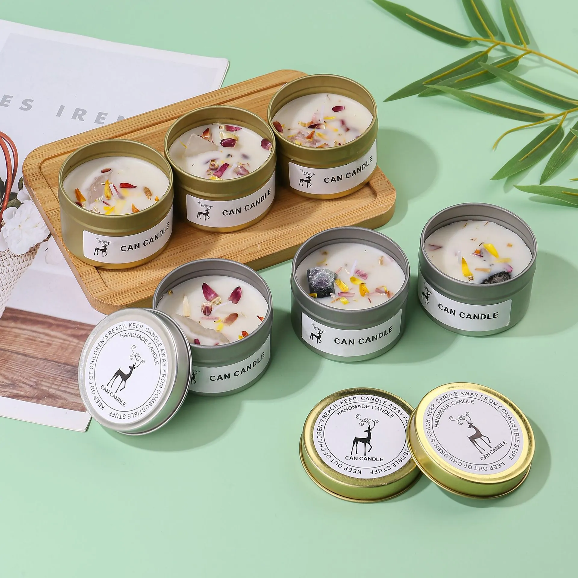 Scented Candle Crystal Stone Dried Flower Aromatherapy Candle Metal Tin Can Home Decor Fragrance Gift For Bedroom Office