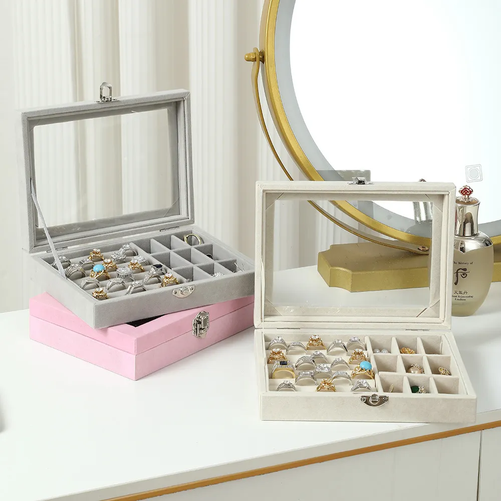 Boîte à Bijoux en Velours Avec Couvercle en Verre Transparent Organisateur de Rangement pour Bagues Étui de Présentation Portable Pour Femmes