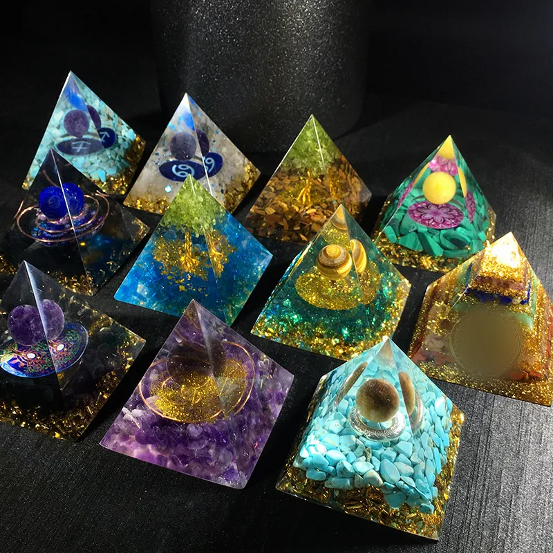 Handmade Resin Crystal Pyramid Figurine Natural Stone Chips Energy Tower Desktop Ornament Home Decor