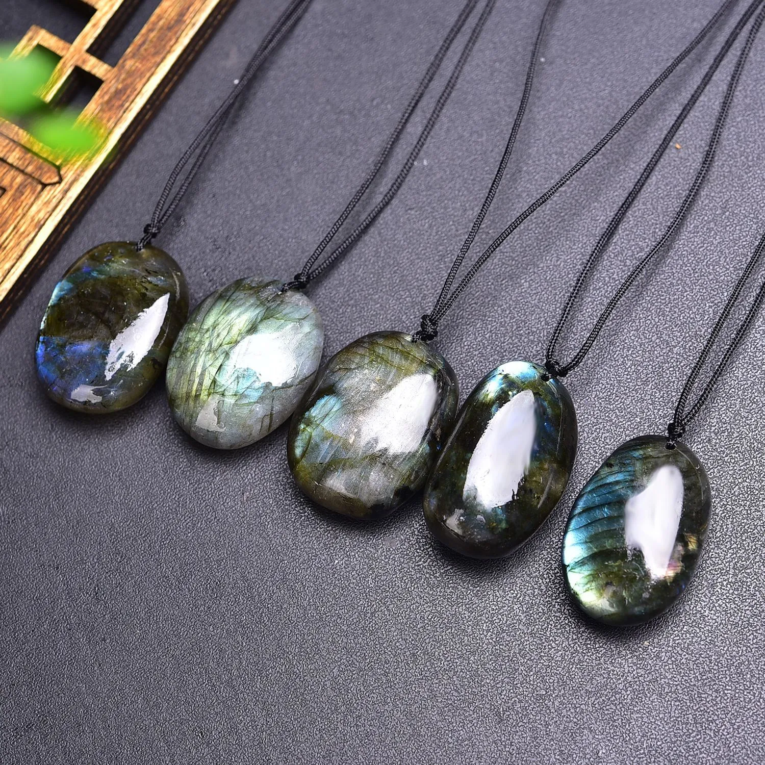 Natural Labradorite Pendant Necklace Handmade Woven Black Cord Blue Moonstone Gemstone Healing Crystal Jewelry Gift