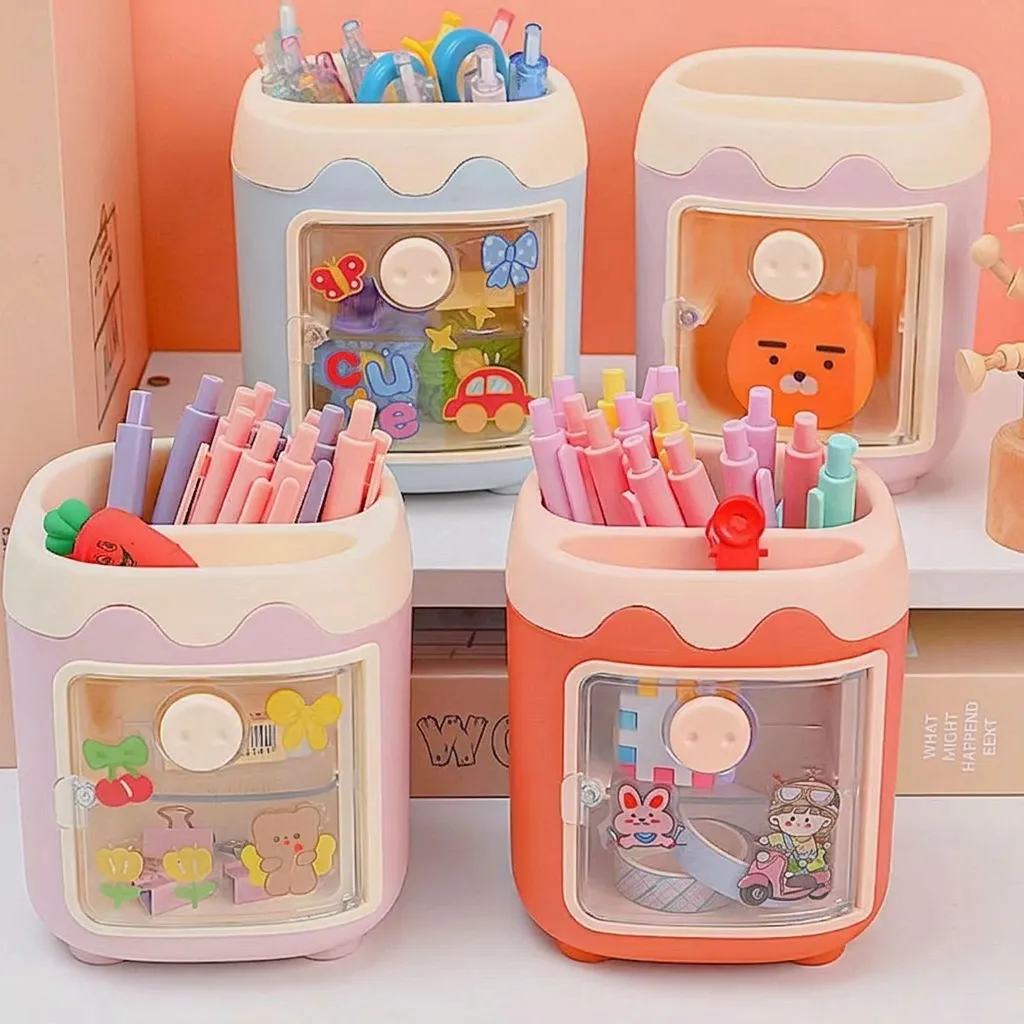 Cute Cartoon Pig Multi-Grid Pen Holder Desktop Stationery Storage Box With Drawer And Dustproof Door Student