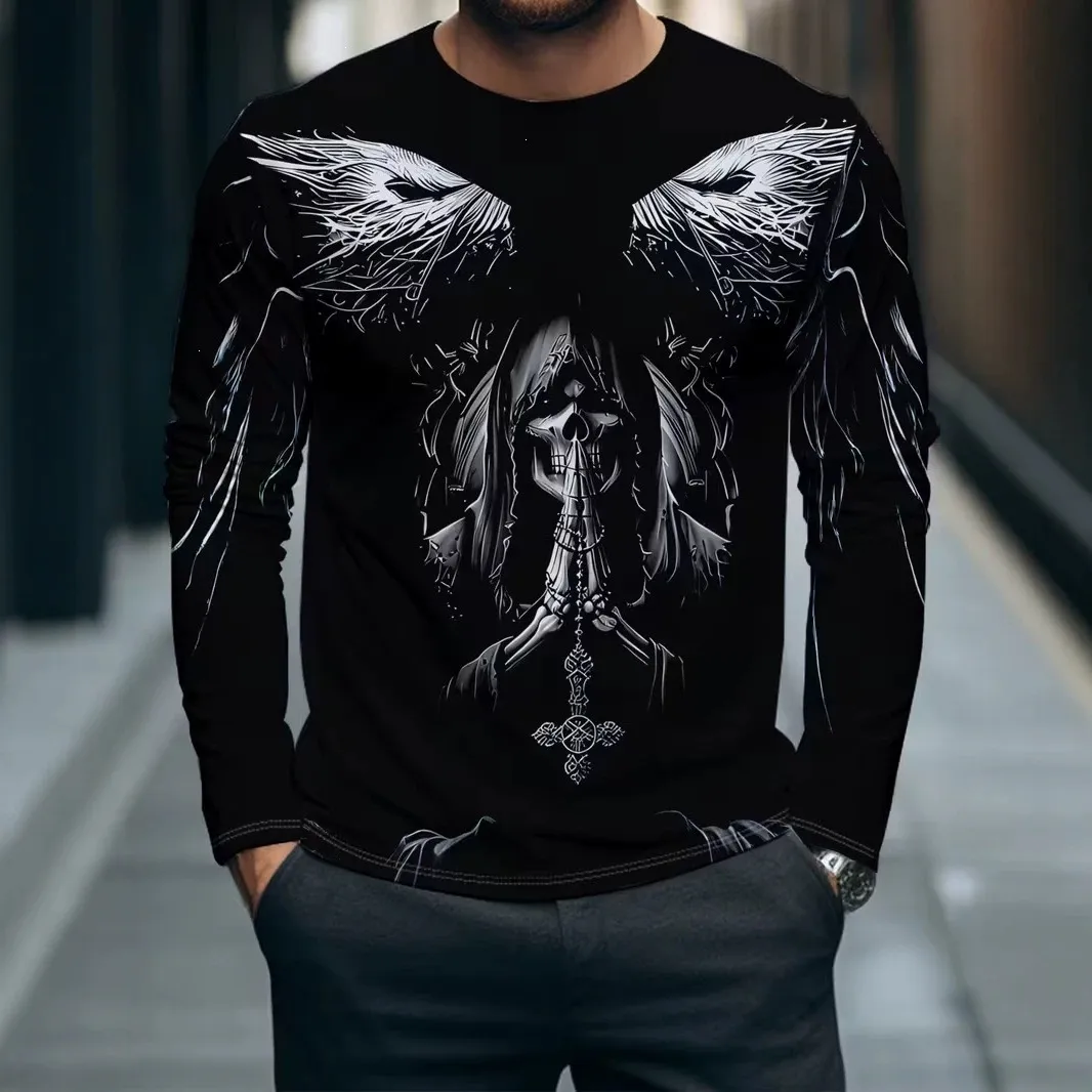 Men's Long Sleeve T-Shirt Quick Dry Polyester 3D Digital Printed Streetwear Casual Crew Neck Pullover Tops For Men