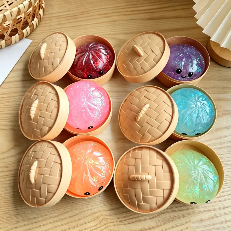 Colorful Glitter Bun Squishy Toy Slow Rebound Stress Relief Toy with Mini Steamer Basket Novelty Decompression Toy