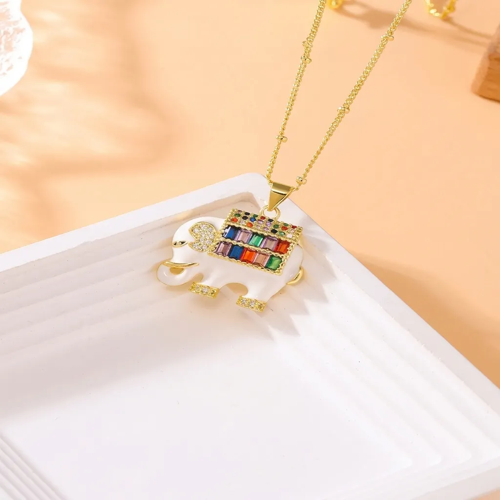 Fashion Multi Color Zircon Oil Drop Elephant Design Copper Pendant Necklace Gold Plated Rhinestone Jewelry Gift For Women