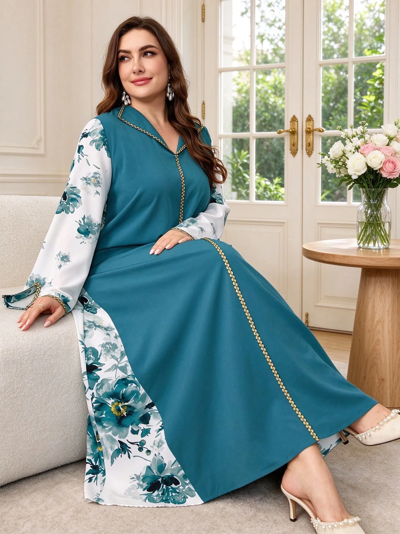 Women's Plus Size Autumn Long Robe Elegant V-Neck Long Sleeve Floral Print Spliced Maxi Dress