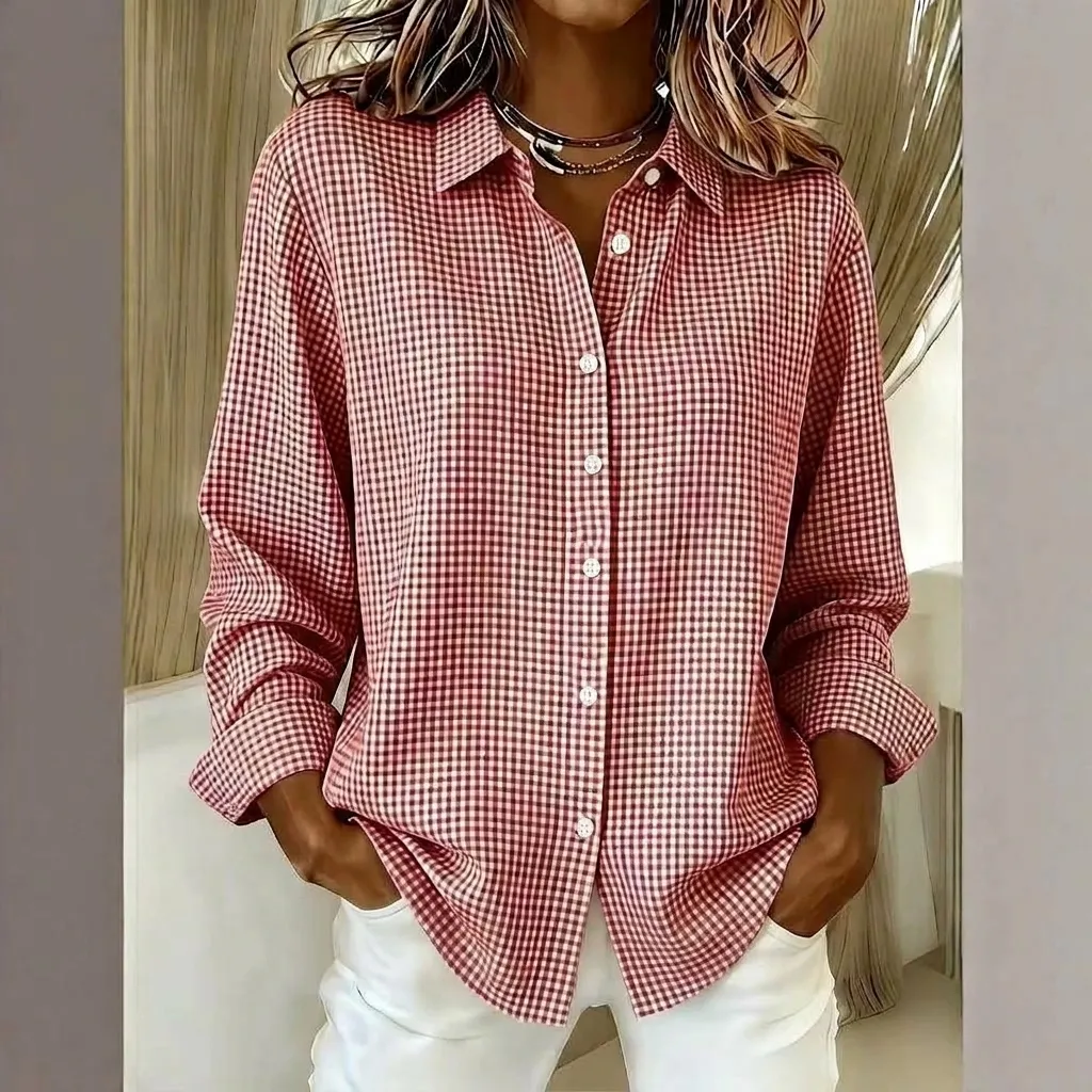 Women Plaid Long Sleeve Shirt Casual Lapel Button Down Cotton Linen Gingham Check Blouse Everyday Versatile Top