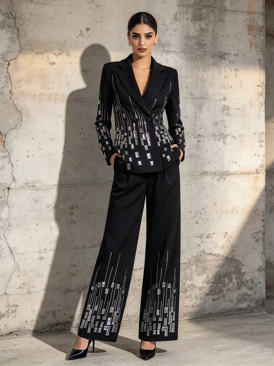 French Elegant Sequin Lapel Blazer Top And Bottom High Waist Straight Pants Polyester Formal Spring Office Women Fashion Outfit