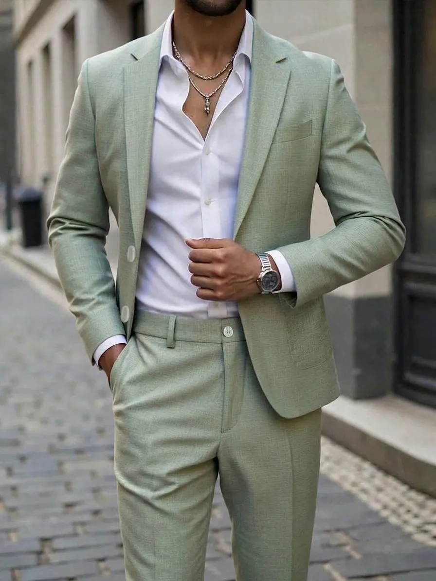 Men Business Suit Set Polyester Notch Lapel Single Breasted Slim Fit Blazer And Pants For Wedding Banquet Office Dress