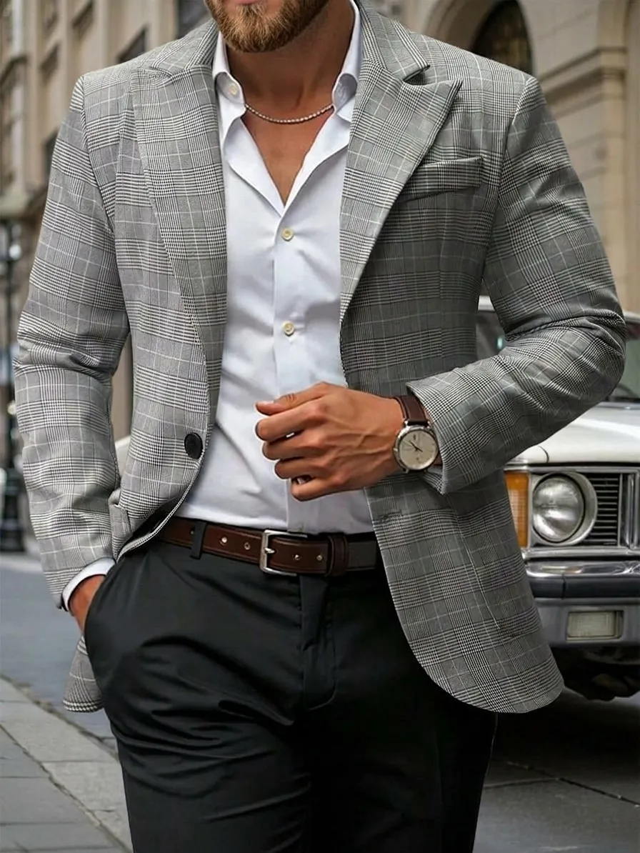 Men's Plaid Suit Jacket Peak Lapel Single Breasted Two Button Business Casual Blazer With Large Pockets Formal Top