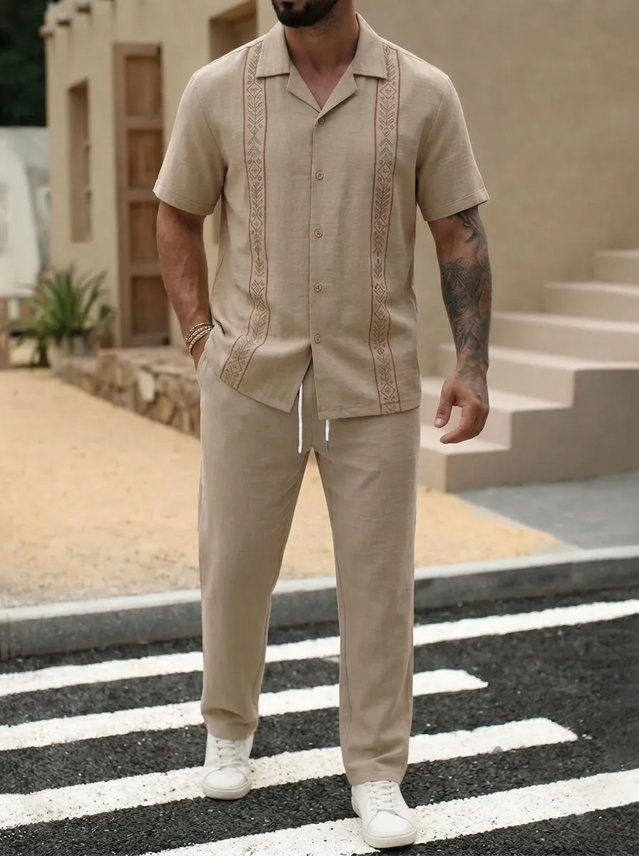 Mens Casual Short Sleeve Shirt And Trousers Set Summer American Style Printed Breathable Lapel Top And Straight Pants Outfit