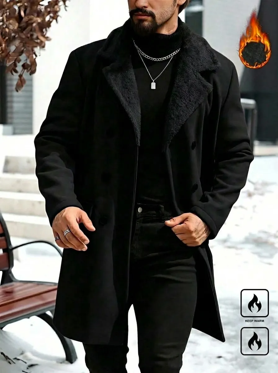 Men Winter Double Breasted Woolen Overcoat Fleece Lined Warm Lapel Long Peacoat For Cold Weather Fashion Outerwear Jacket