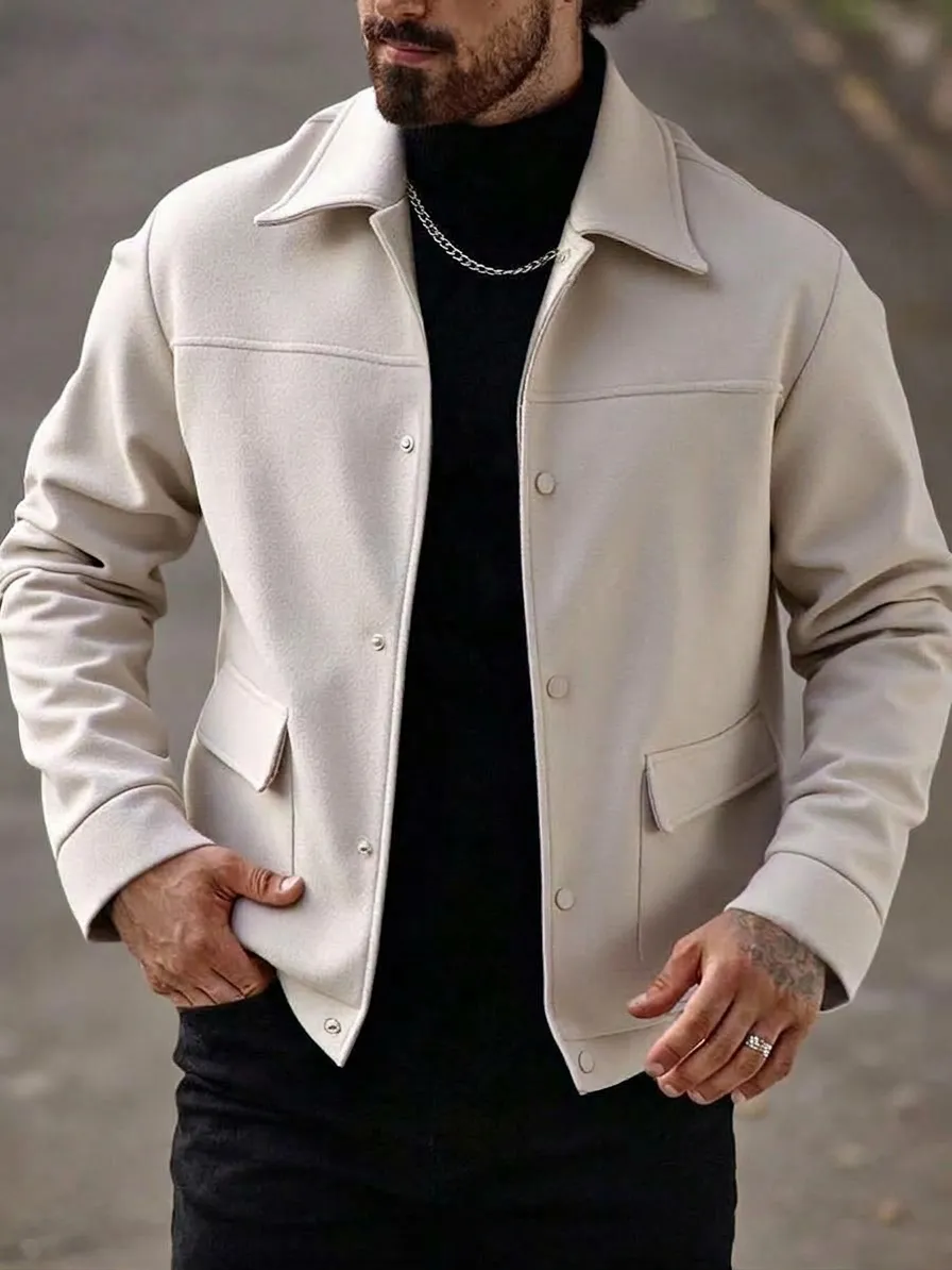 Men Casual Woolen Jacket Lapel Long Sleeve Single Breasted Utility Pockets Solid Color Polyester Outerwear Top Coat