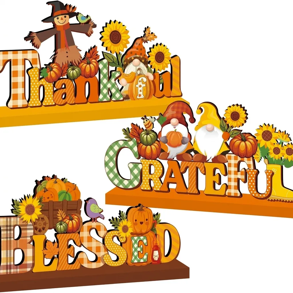 Thanksgiving Wooden Table Top Decorations Harvest Pumpkin Turkey Signs Blessed Grateful Thankful Tiered Tray Decor
