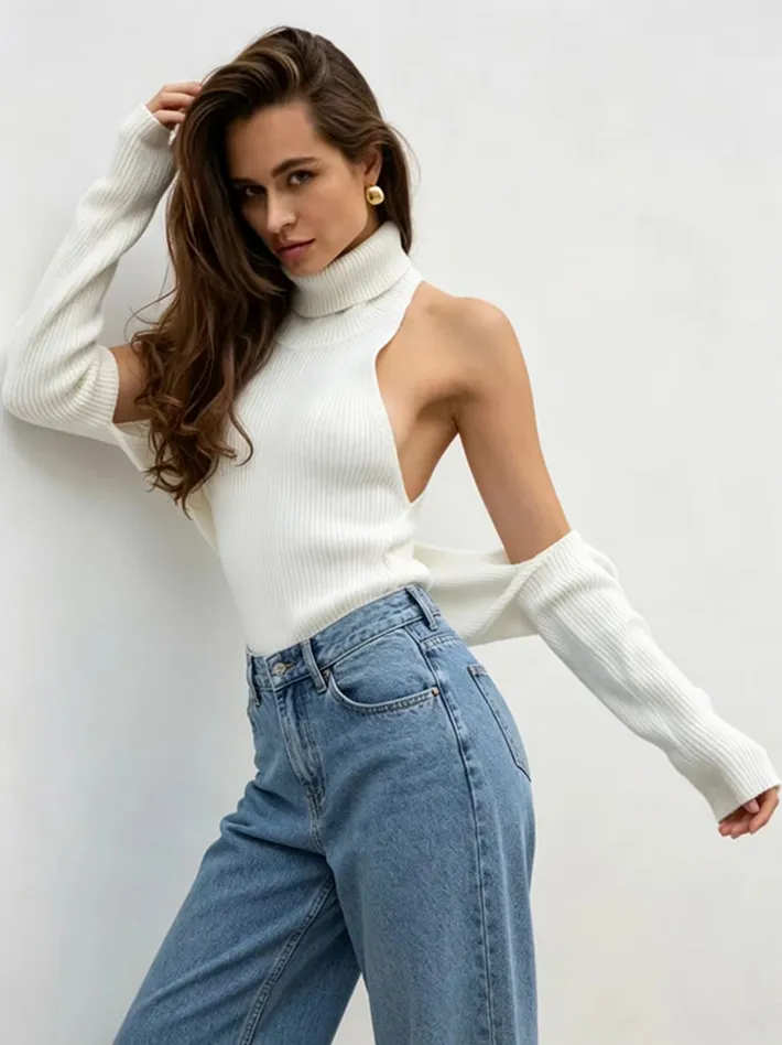 Women Casual Knitwear Set Halter Neck Mock Neck Pullover Top With Shawl Long Sleeve Two Piece Set Slim Fit Fashion Outfit