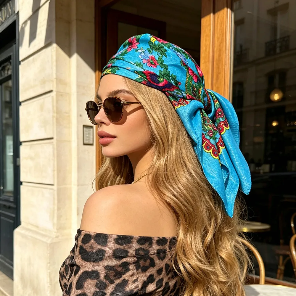 Ethnic Floral Print Square Scarf With Gold Thread Metallic Yarn For Women Bohemian Vintage Hair Bandana Headwrap Neck Scarf