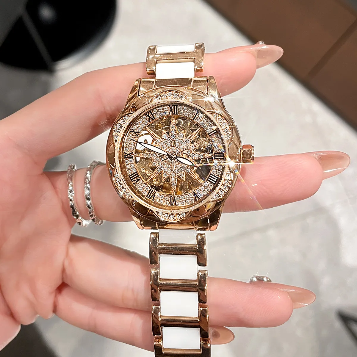 NASIR Women Mechanical Watch Luxury Hollow Sunflower Rhinestone Ceramic Leather Waterproof Ladies Automatic Wristwatch