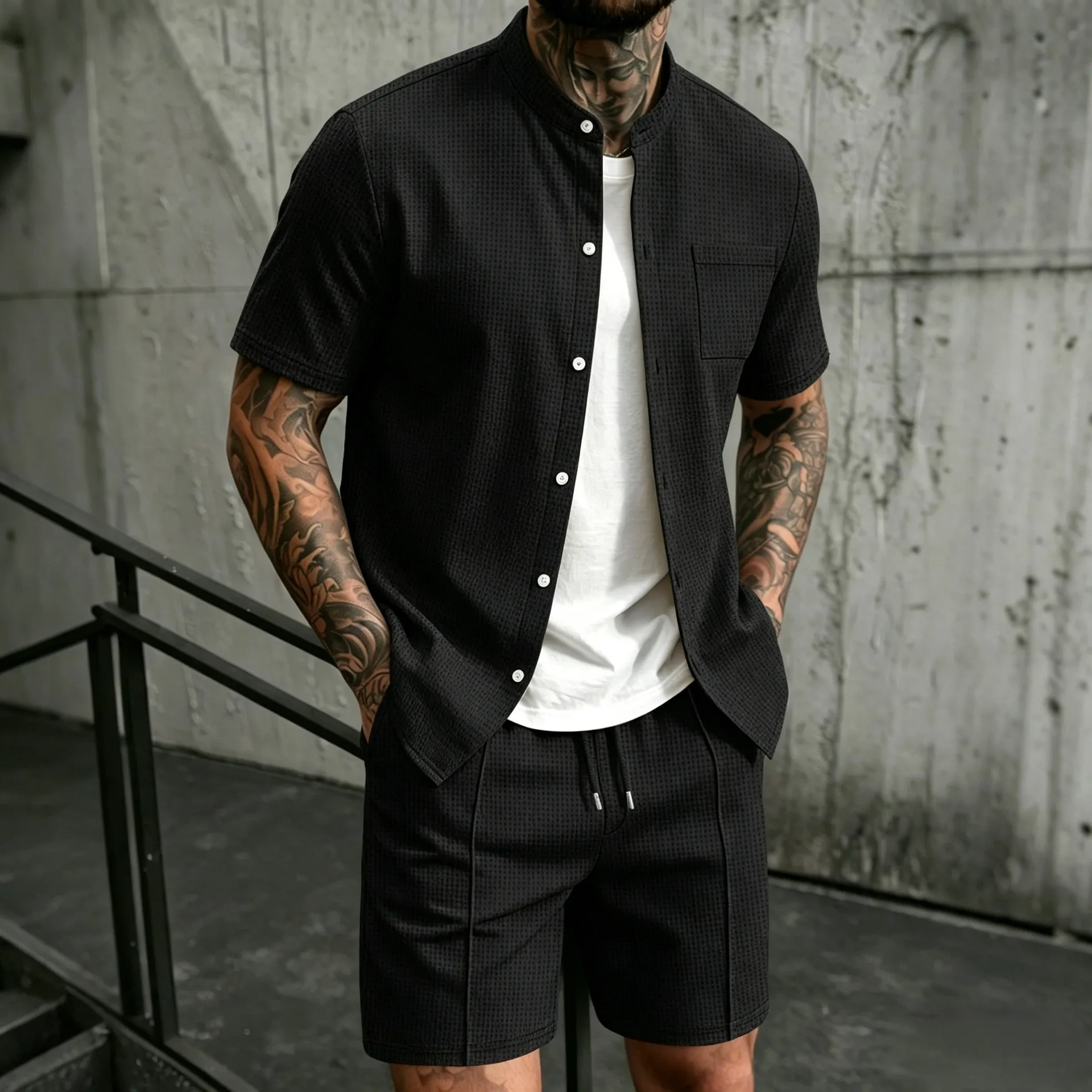 Men's Summer Casual Waffle Knit Cardigan And Shorts Set Short Sleeve Shirt And Drawstring Shorts Casual Streetwear Outfit