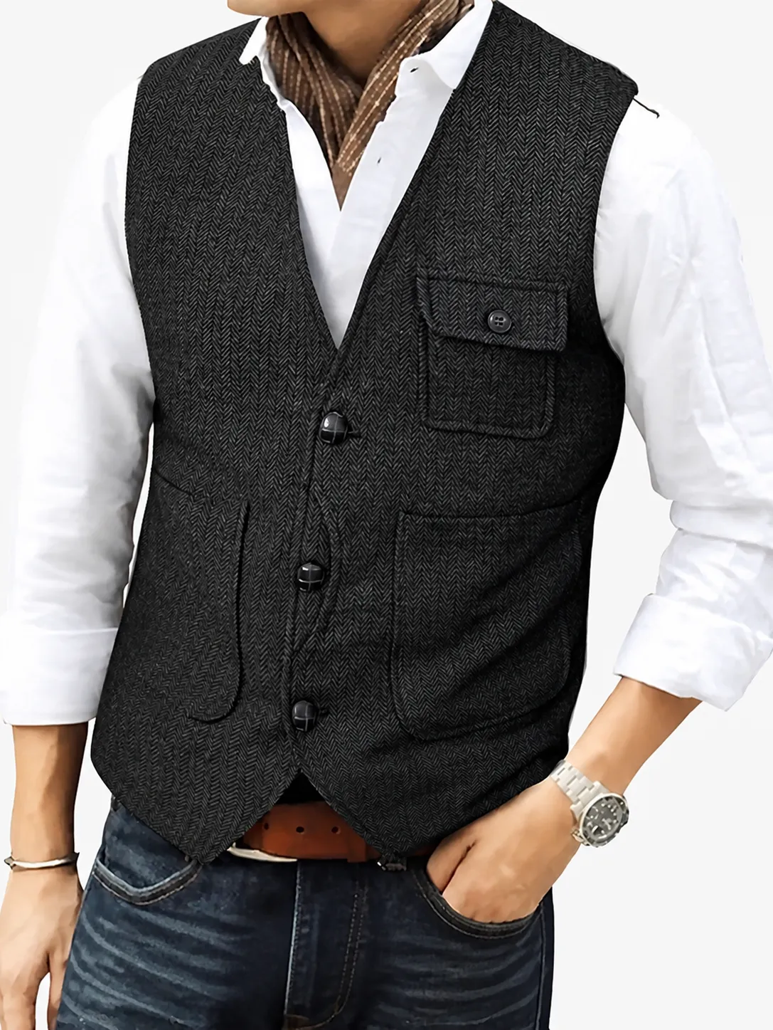 Men Business Casual Herringbone Vest Single Breasted Multi Pocket Slim Fit Polyester Vest British Style Dress Waistcoat Top