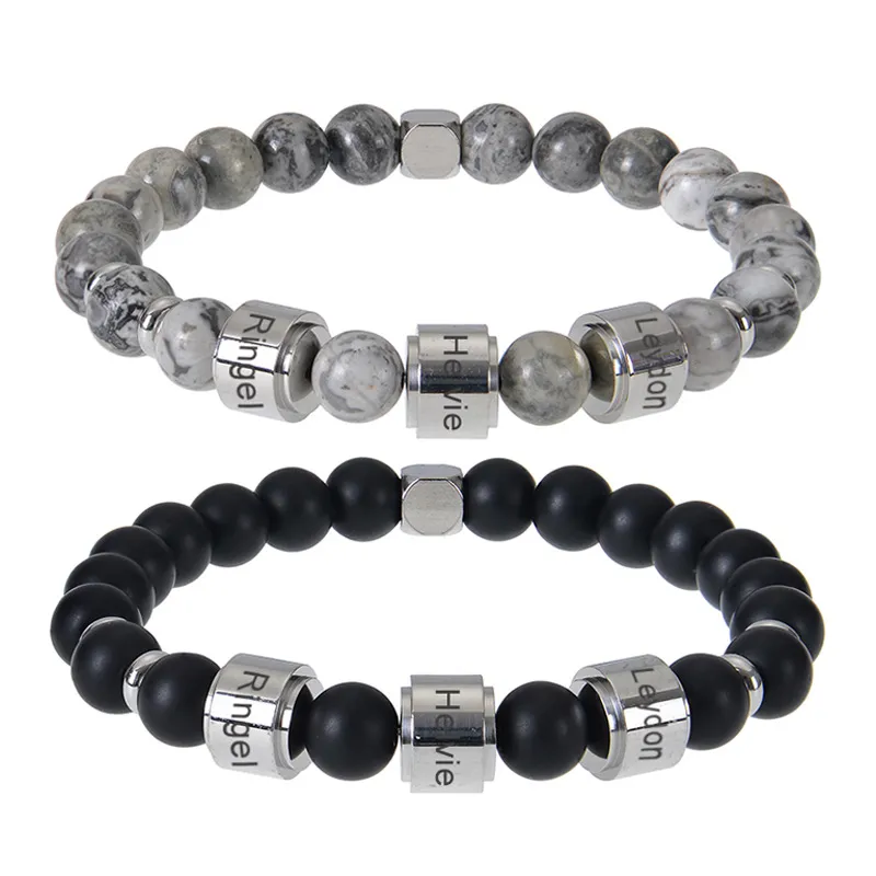 Heren Natuursteen Roestvrij Staal Naam Kralenarmband Matte Steen Tijagoog Mode Sieraden