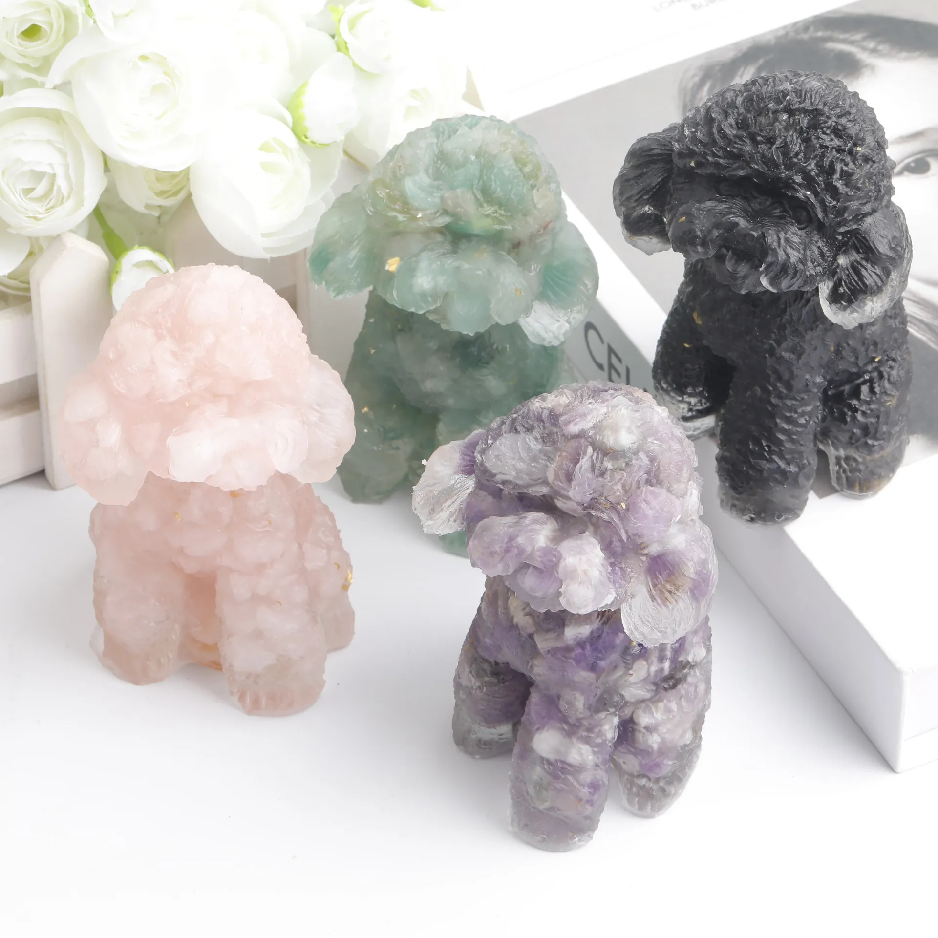 Grava de Cristal Resina Epoxi Figura Perro Teddy Linda Estatua de Animal Hogar Escritorio Oficina Decoración