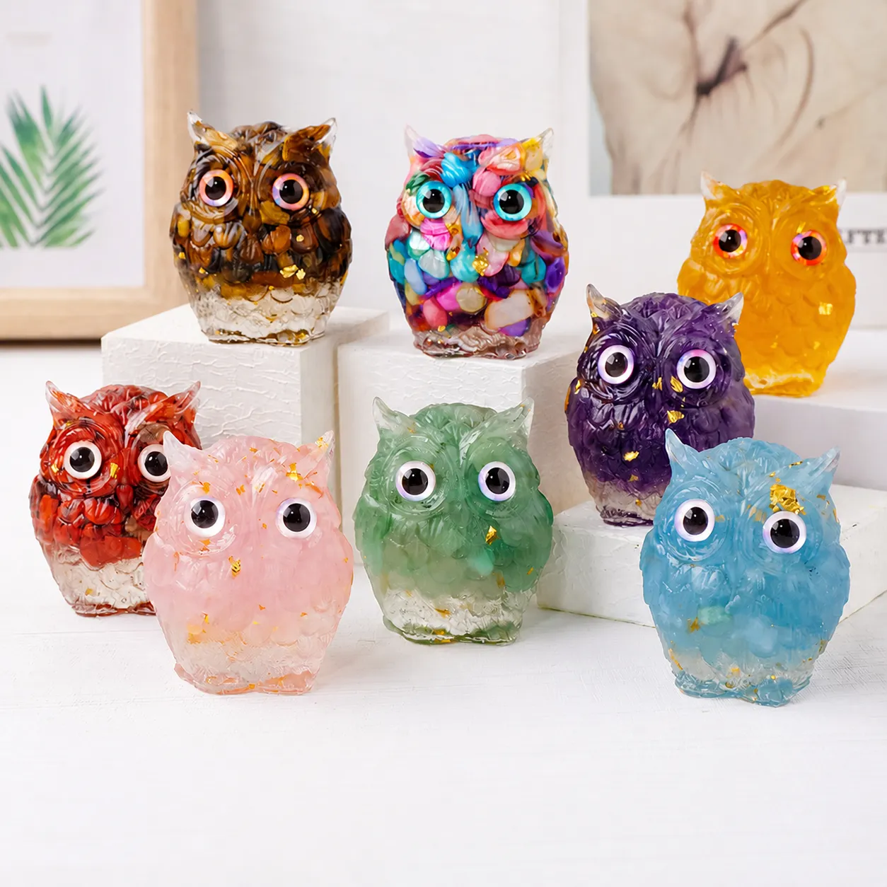 Figura de Búho de Resina Epoxi con Fragmentos de Cristal Natural Adorno para Tablero de Coche Estatua de Animal de Gema Hecha a Mano Decoración de Oficina en Hogar