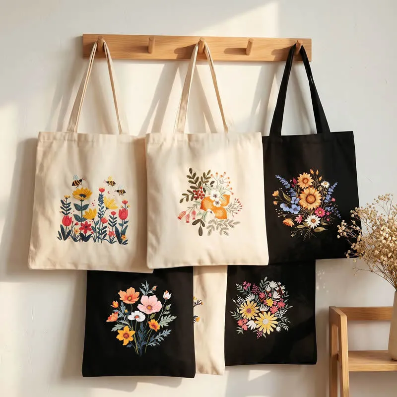 DIY Embroidery Kit Canvas Tote Bag Cotton Polyester Blend Botanical Floral Pattern Shoulder Bag Craft Kit Starter Set