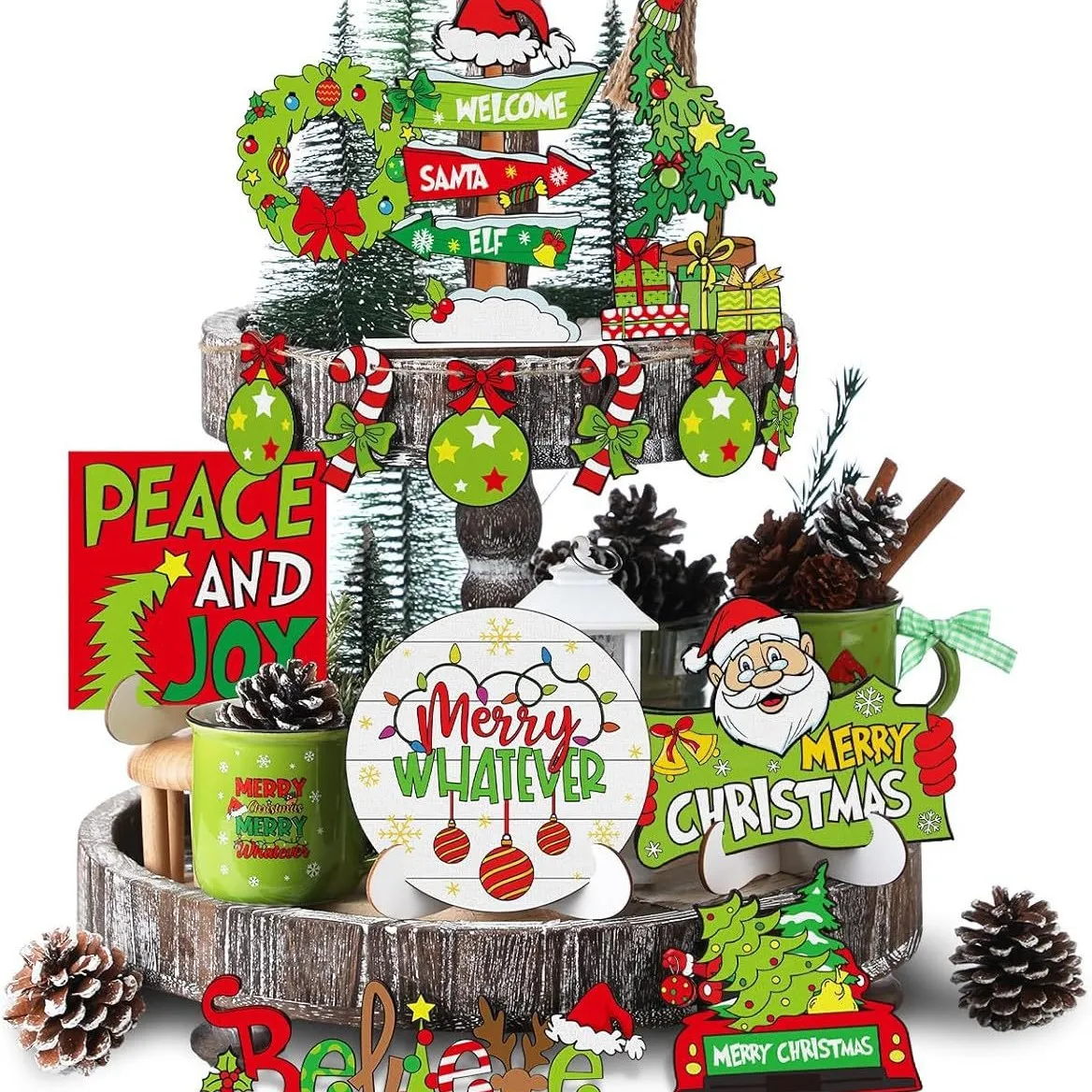 Wooden Christmas Tiered Tray Decor Set Santa Claus Truck Sign Wood Ornaments Holiday Table Centerpiece Home Decor