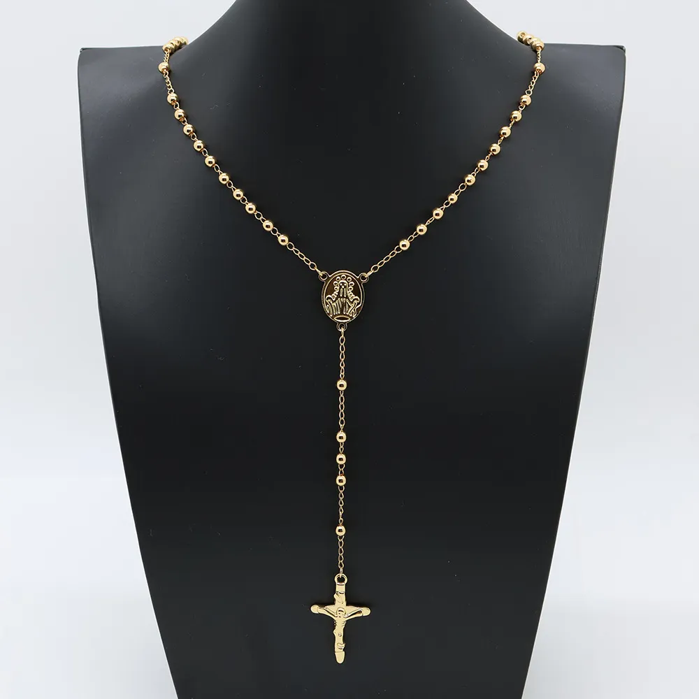 Unisex Stainless Steel Rosary Bead Chain Necklace Cross Pendant Sweater Chain Fashion Jewelry Gift