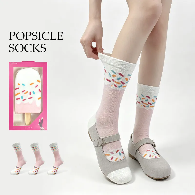 Damen Kreativ Eis Geschenkbox Baumwolle Wadenlange Socken Amerikanischer Stil Farbe Block Schweißabsorbierend Lässige Socken
