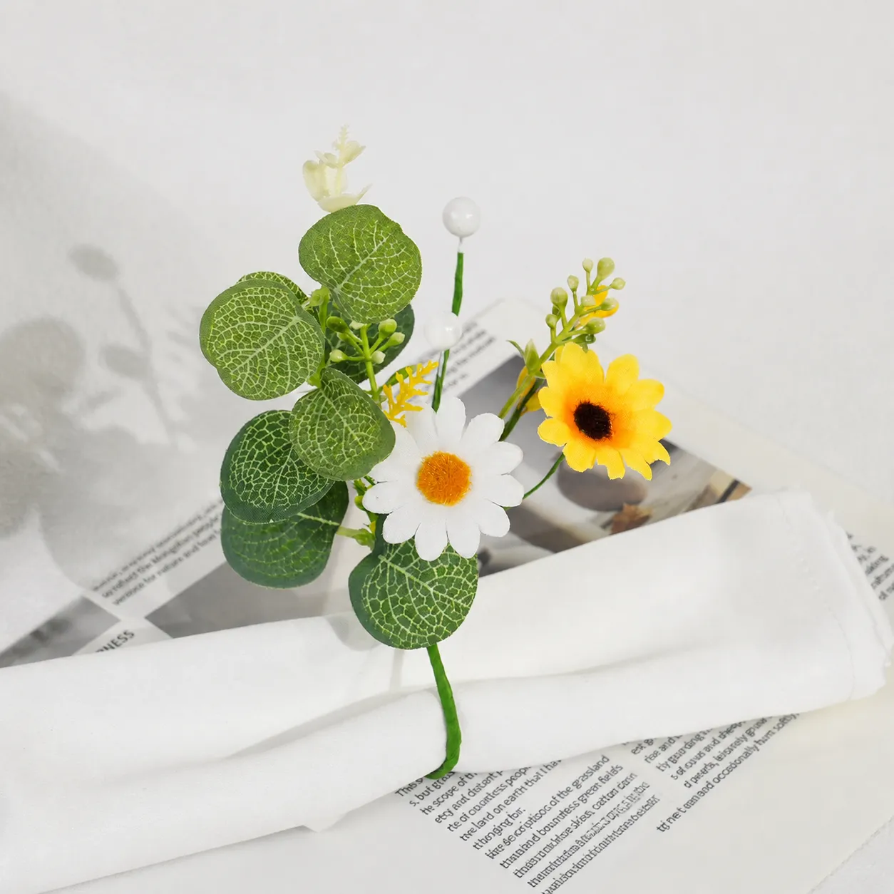 Artificial Daisy Flower Napkin Ring Eucalyptus Leaves Forest Style Table Decor