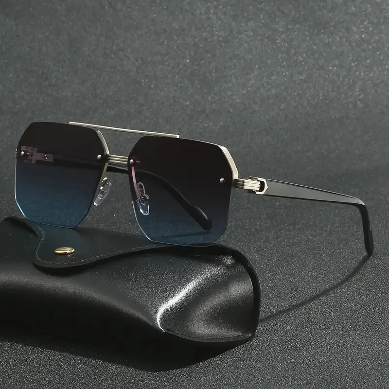 Men Women Square Double Bridge Sunglasses Fashion Metal Half Frame Pilot Sun Glasses UV400 Eyewear Vintage