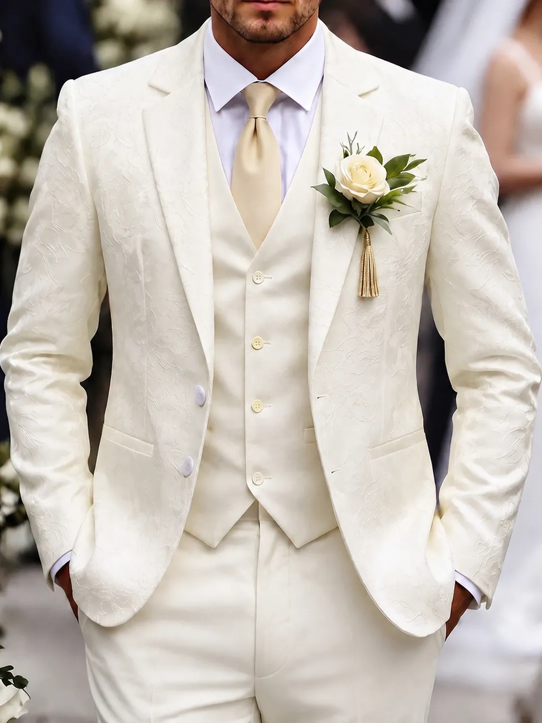 Men Business Suit Set Dark Jacquard Floral Pattern Slim Fit Notch Lapel One Button Blazer And Pants For Wedding Banquet