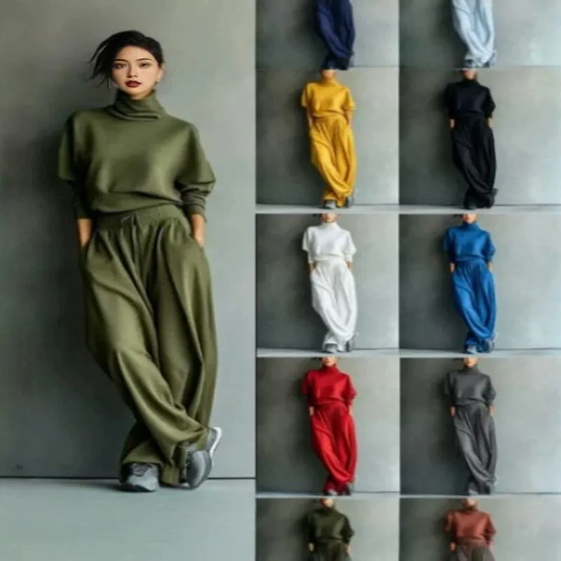 Women High Neck Sweatshirt Top And Bottom Casual Loose Long Sleeve Hoodie And Wide Leg Pants Solid Color Fall Winter Lounge Set