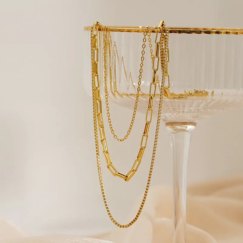 Minimalistisch Edelstahl Mehrschichtig Box Kette Halskette Für Damen 18k Vergoldet Geometrisch Mode Schmuck