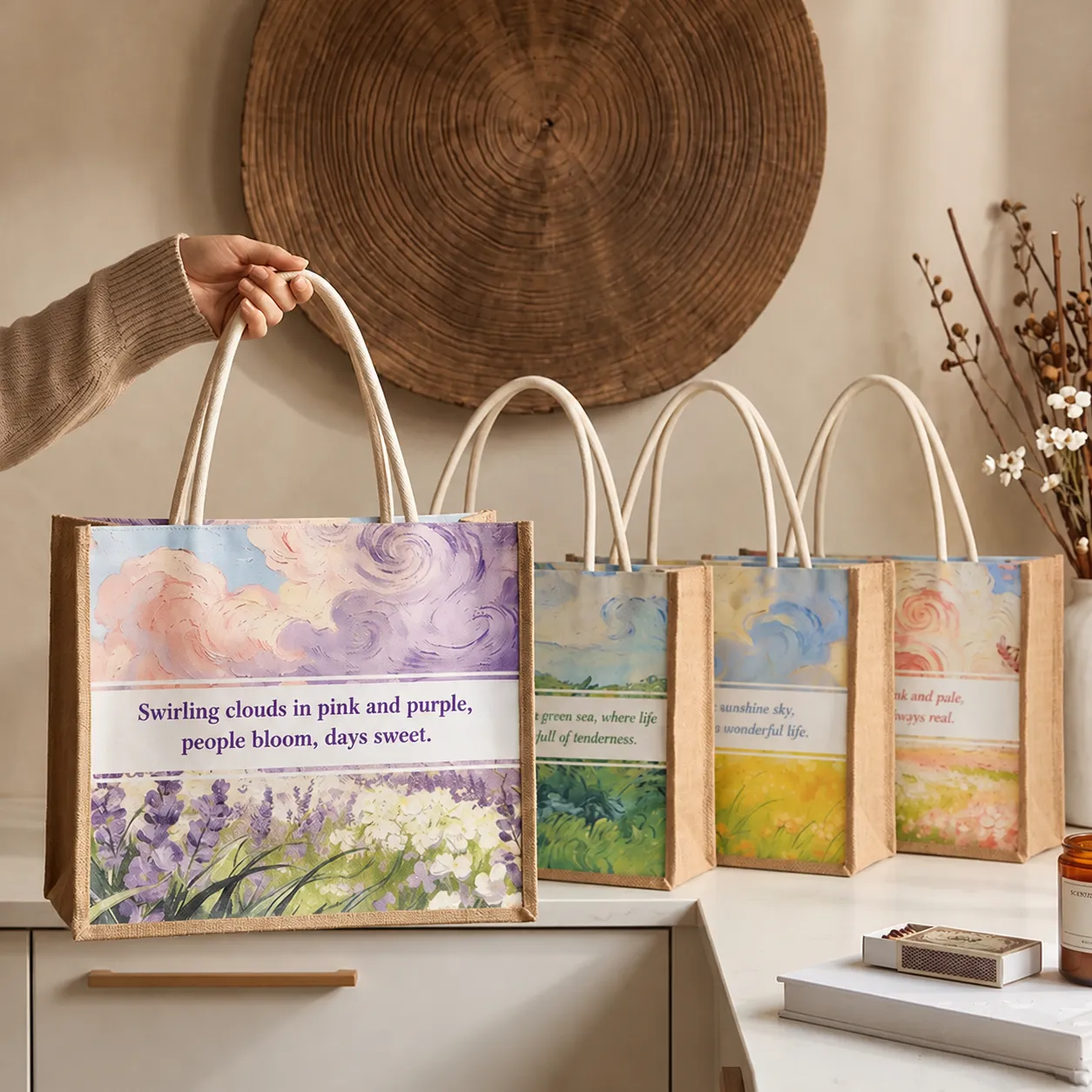 Vintage Jute Burlap Tote Bag Large Capacity Casual Handbag Floral Oil Painting Shopper Bag Reusable Grocery Gift Bag