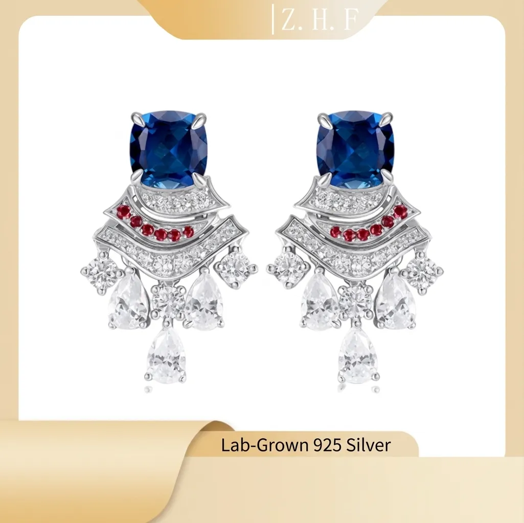 S925 Plata Zafiro Creado en Laboratorio Pendientes Retro Abanico Gema Colorida Flecos Lujo Largos Colgantes Para Mujeres