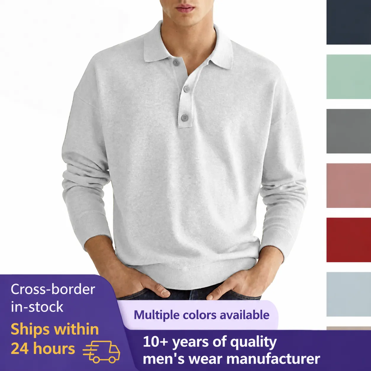 Men Casual Long Sleeve Polo Shirt Button V Neck Loose Fit Polyester Solid Color Autumn Spring Top