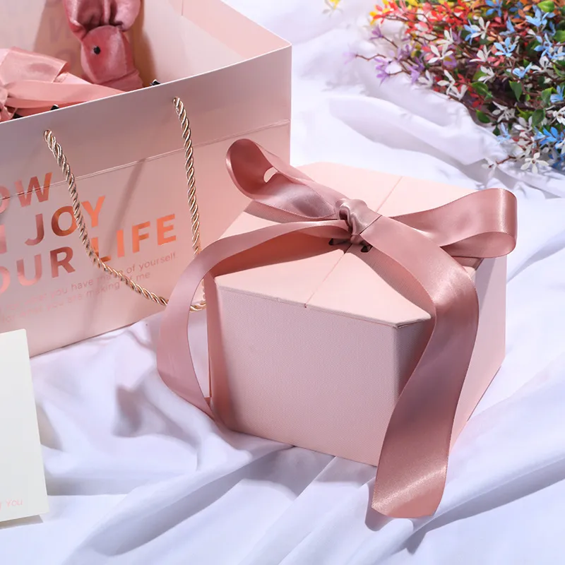 Premium Octagonal Cardboard Gift Box With Satin Ribbon Bow For Mother's Day Birthday Wedding Souvenir Packaging Empty