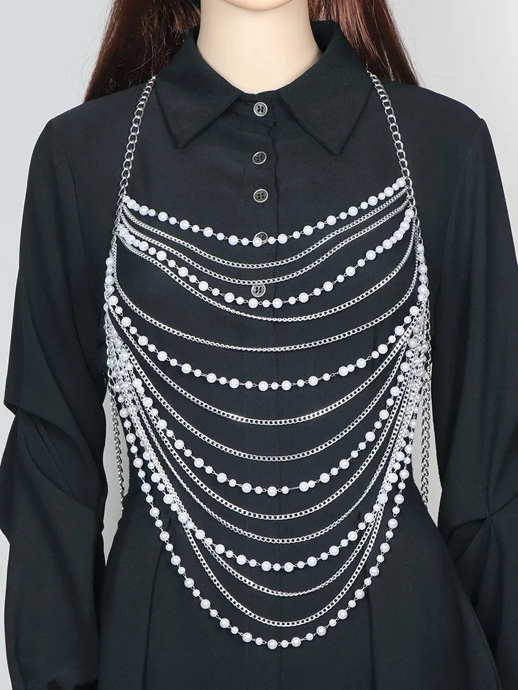 Women's Sexy Halter Rhinestone Artificial Pearl Body Chain Vest Top Multi Layer Tassel Street Style Party Club Wear Jewelry
