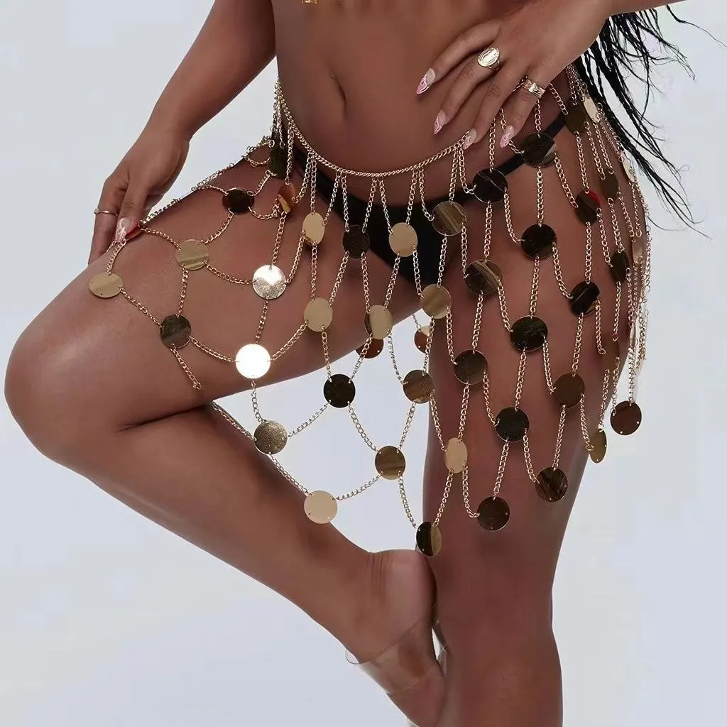 Women Sexy Gold Sequin Metal Chain Body Chain Mini Skirt Nightclub Party Hollow Out Waist Chain Splicing Fashion Jewelry Body Accessories