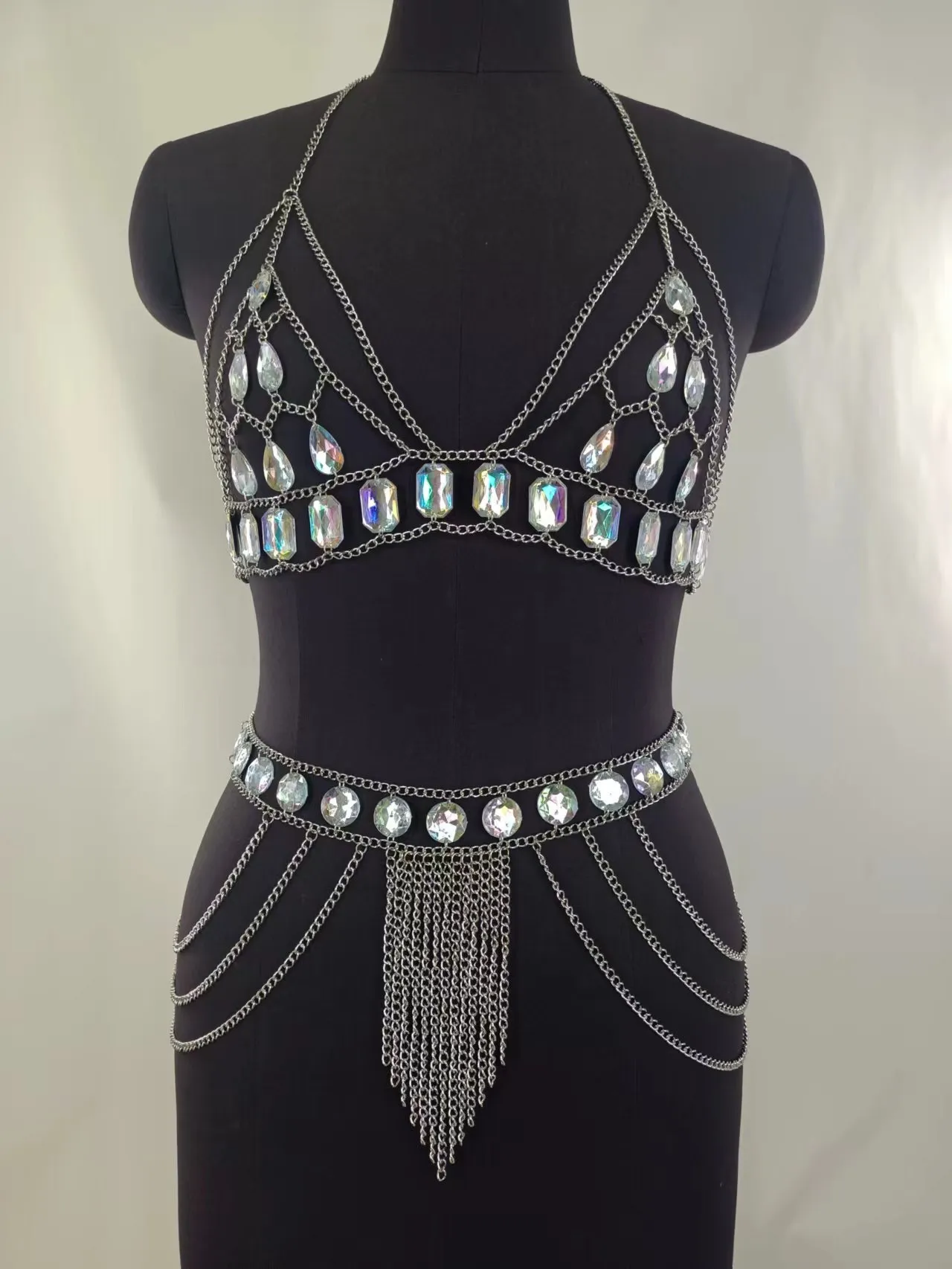 Canotta Sexy Body Chain con Scollo all'Americana per Donna Lega Acrilico Strass Patchwork Nappina Catena da Vita Gioielli di Moda per Festa Nightclub