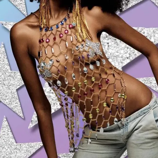 Mujeres Sexy Cadena de Cuerpo Multicapa de Diamantes de Imitación Coloridos Chaleco Top Metal Dorado Estrella Playa Joyería
