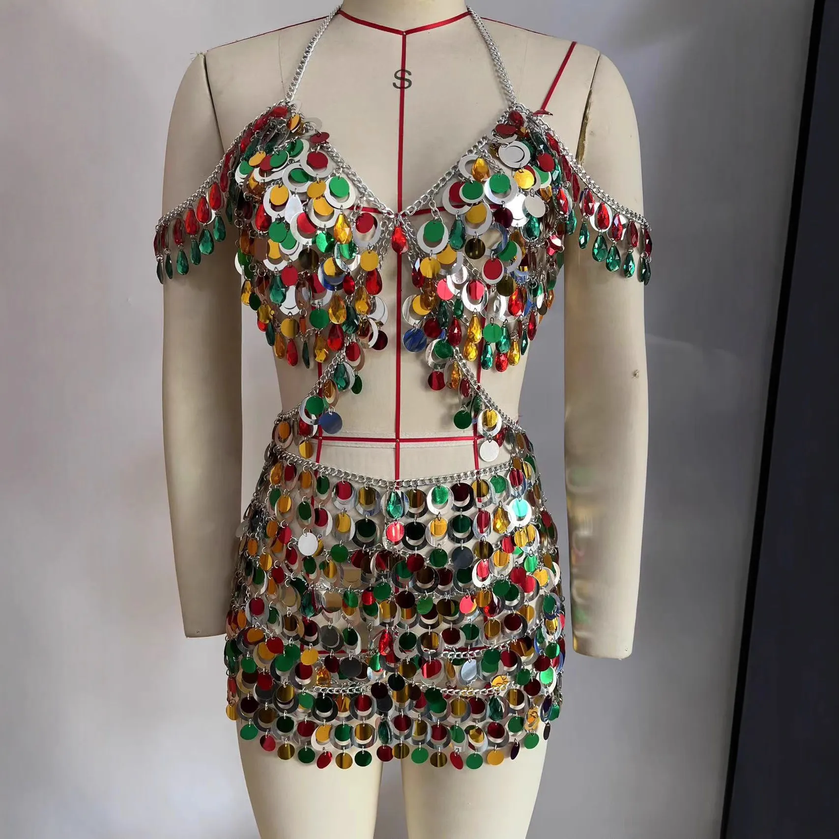 Women's Sexy Luxury Festival Multicolor Sequin Rhinestone Halter Bra Top Skirt Body Chain Set For Party Carnival Clubwear Accessory
